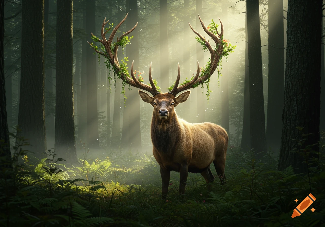 Photorealistic elk with tree branch antlers adorned with leaves and flowers, standing in a misty, sunlit forest.