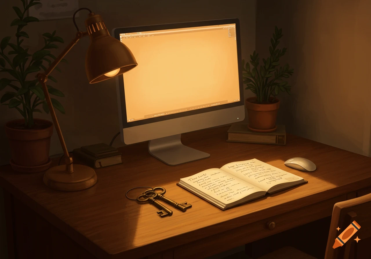 A cozy, dimly lit desk with a computer, glowing screen, a lamp, an open notebook, keys, and potted plants.