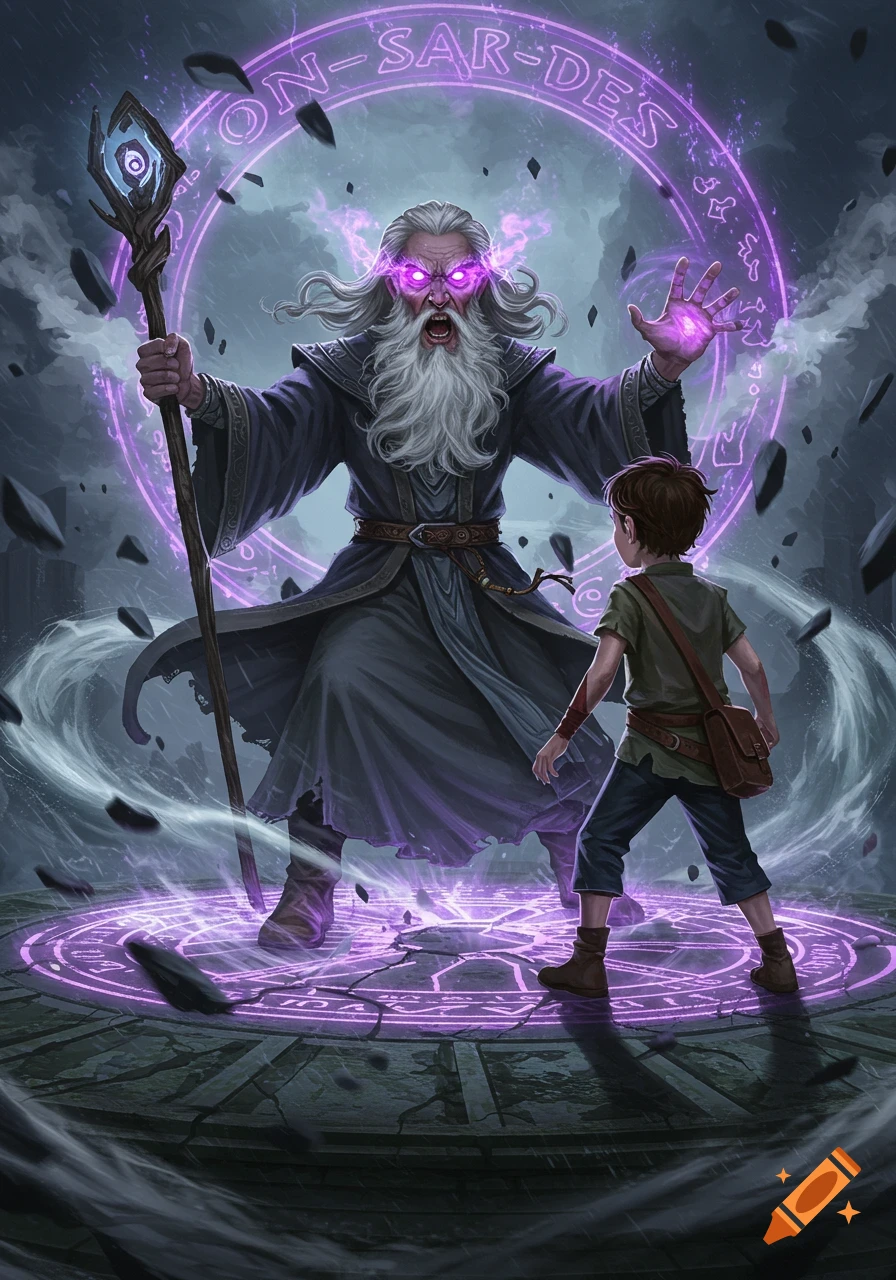 Digital painting of an angry wizard with glowing purple eyes and a staff casting a spell, 'ON-SAR-DES', at a young boy amidst a stormy magical confrontation on a crumbling stone platform.