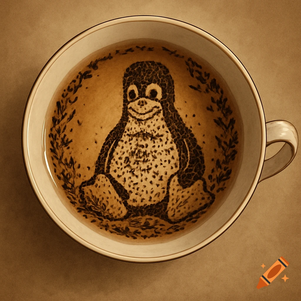 A cartoon penguin, the Linux Tux logo, formed by tea leaves at the bottom of a teacup, in a tasseography style.
