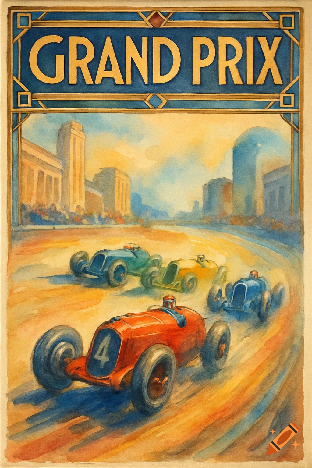 Vintage Art Deco watercolor poster for Grand Prix racing, featuring classic race cars on a track with buildings.