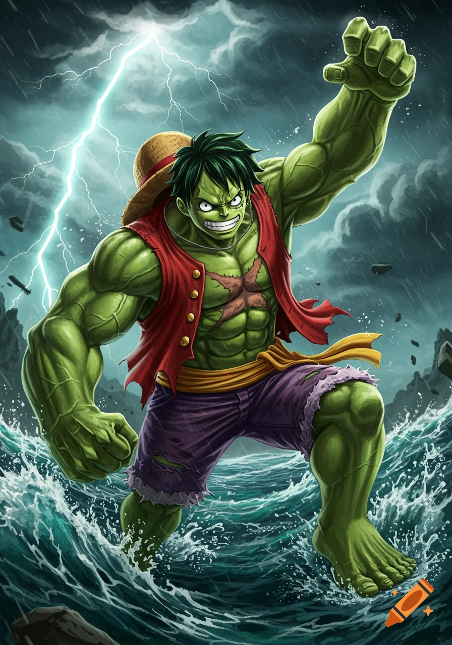 Muscular, green-skinned Luffy-Hulk fusion in a straw hat and ripped clothes stands in stormy waters with lightning.