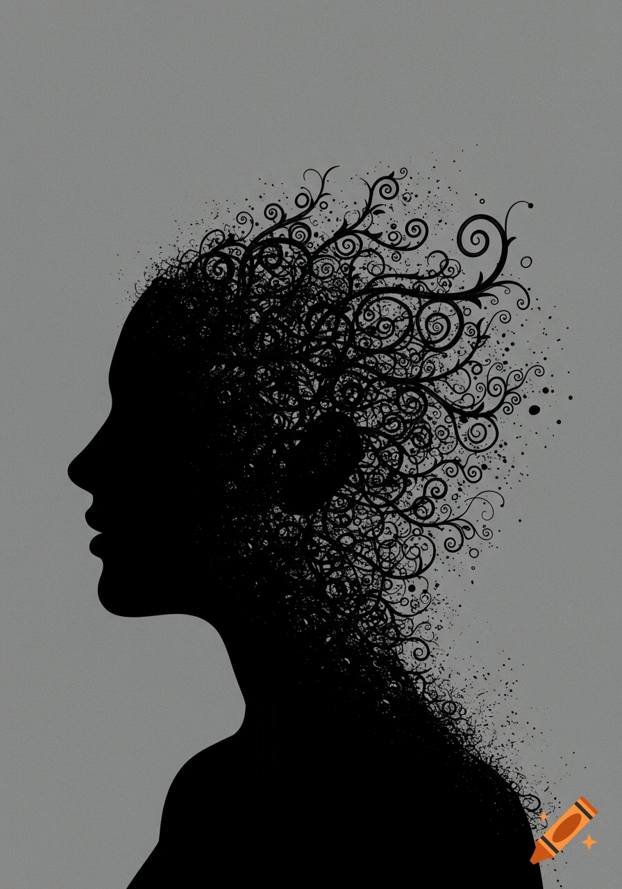 Black silhouette of a human head in profile, disintegrating into swirling black lines and particles on a gray background, illustration.