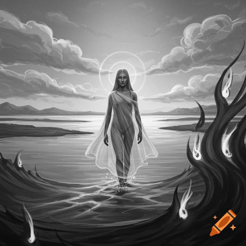 A monochromatic image of a ethereal woman in a sheer gown walking on water, with dark tendrils and glowing elements surrounding her.