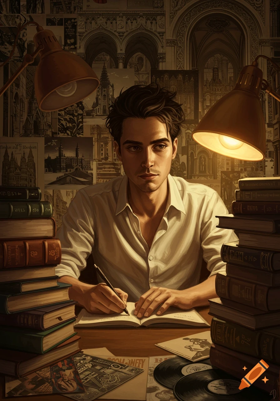 A young man writes at a desk, surrounded by stacks of books, old records, and architectural drawings, illuminated by two desk lamps.