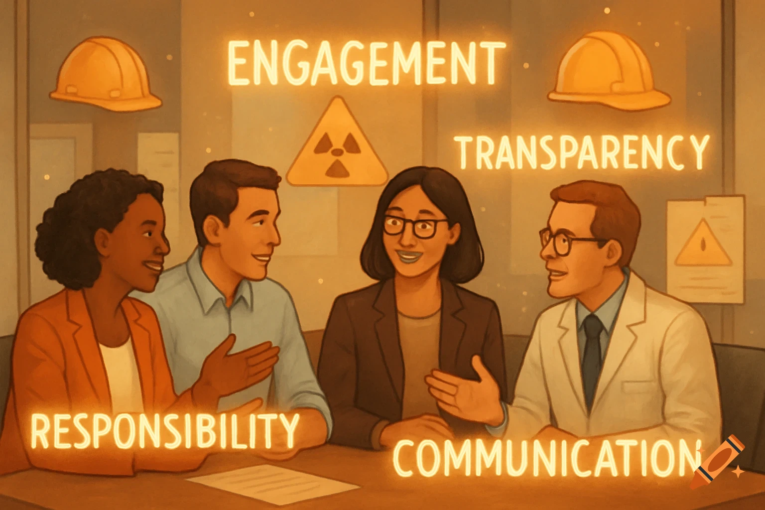 Illustration of four professionals at a table with glowing safety culture keywords: Engagement, Transparency, Responsibility, Communication.