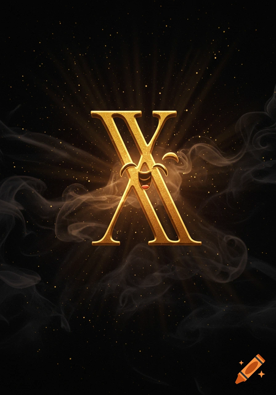 Golden Roman numeral X with a laughing cartoon face, against a dark, sparkling background with smoke.