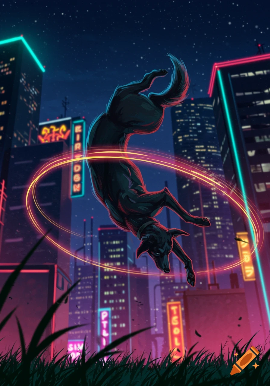 A black dog does a backflip mid-air, surrounded by glowing red and orange light trails against a backdrop of neon-lit futuristic city buildings at night. Tall grass is visible in the foreground.