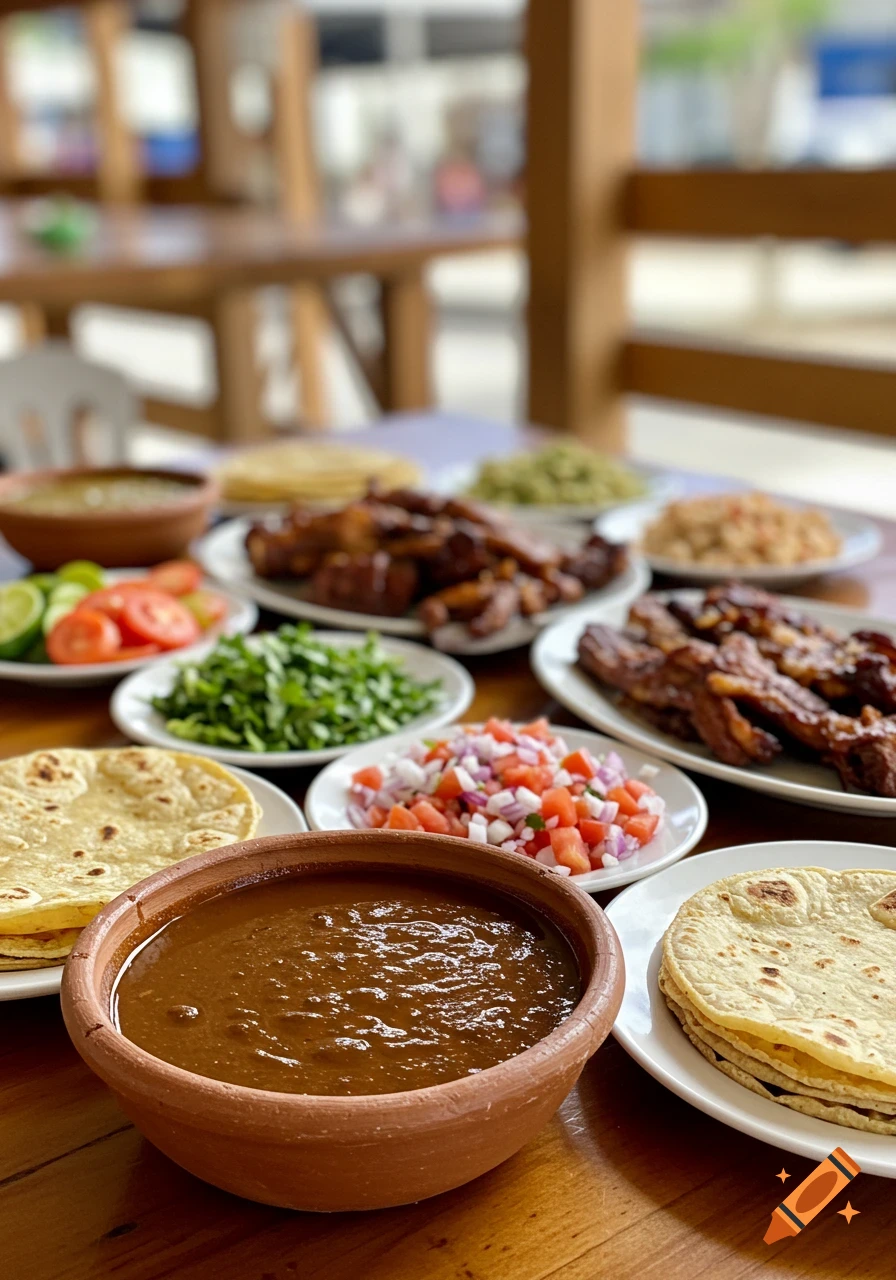 A close-up view of a wooden table laden with various Mexican dishes, including tortillas, a bowl of dark salsa, chopped onions and tomatoes, limes, and plates of meat.