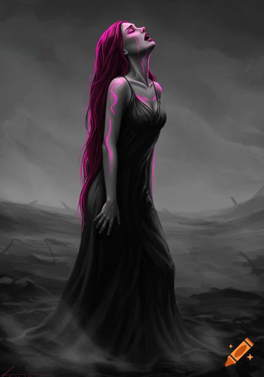 Airbrushed digital art of a grieving woman with long pink hair in a black dress, crying neon pink tears, standing in a desolate grayscale landscape.