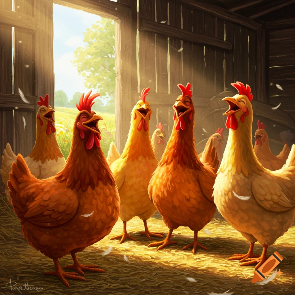 A group of happy, expressive brown and yellow chickens laughing in a sunlit barn with feathers floating around.