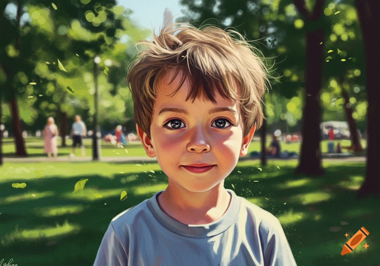 A young boy with brown hair and large eyes smiles directly at the viewer in a sunny park with trees and blurred people in the background, in a digital painting style.