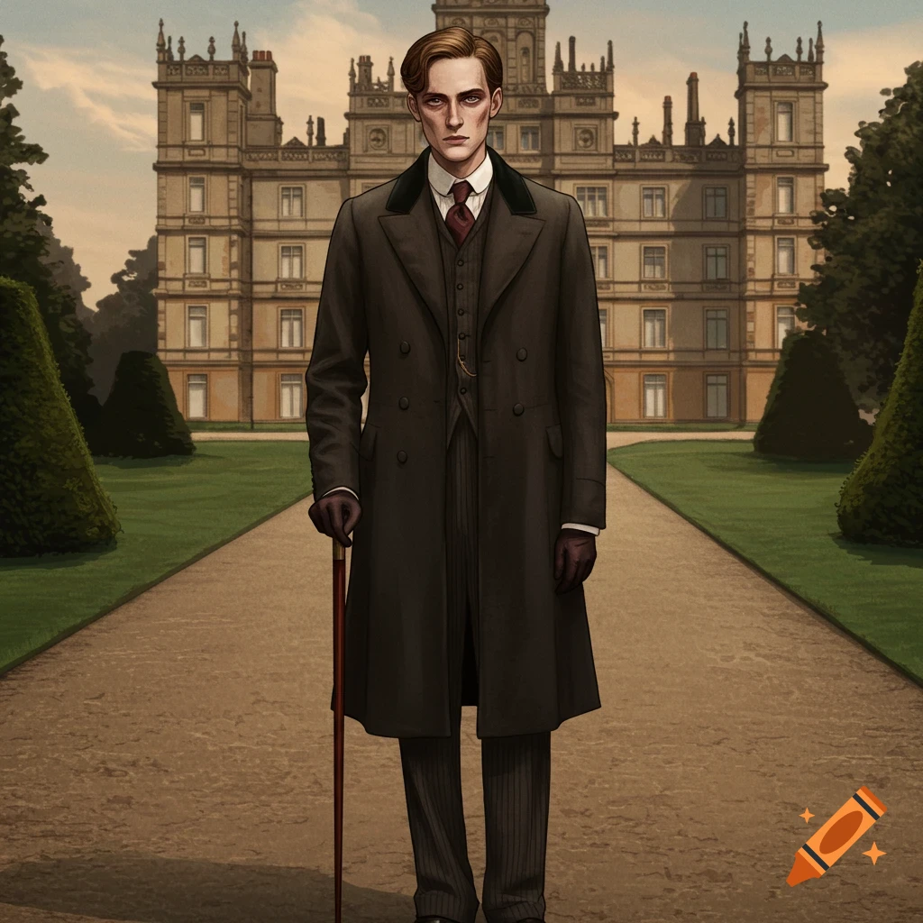 A stern young man in a dark coat and gloves holds a cane in front of a grand manor house and garden.