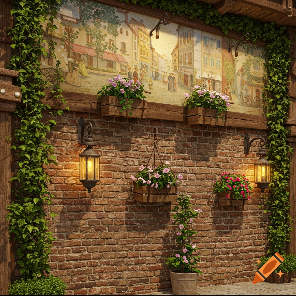 Brick wall adorned with a vibrant street scene mural, green ivy, hanging flower baskets, potted plants, and illuminated wall lanterns.