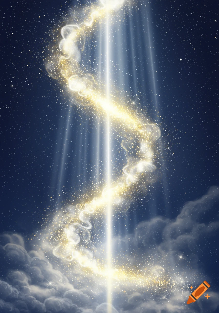 Golden light streaks and particles illuminate a dark star-filled sky with wispy white clouds below.