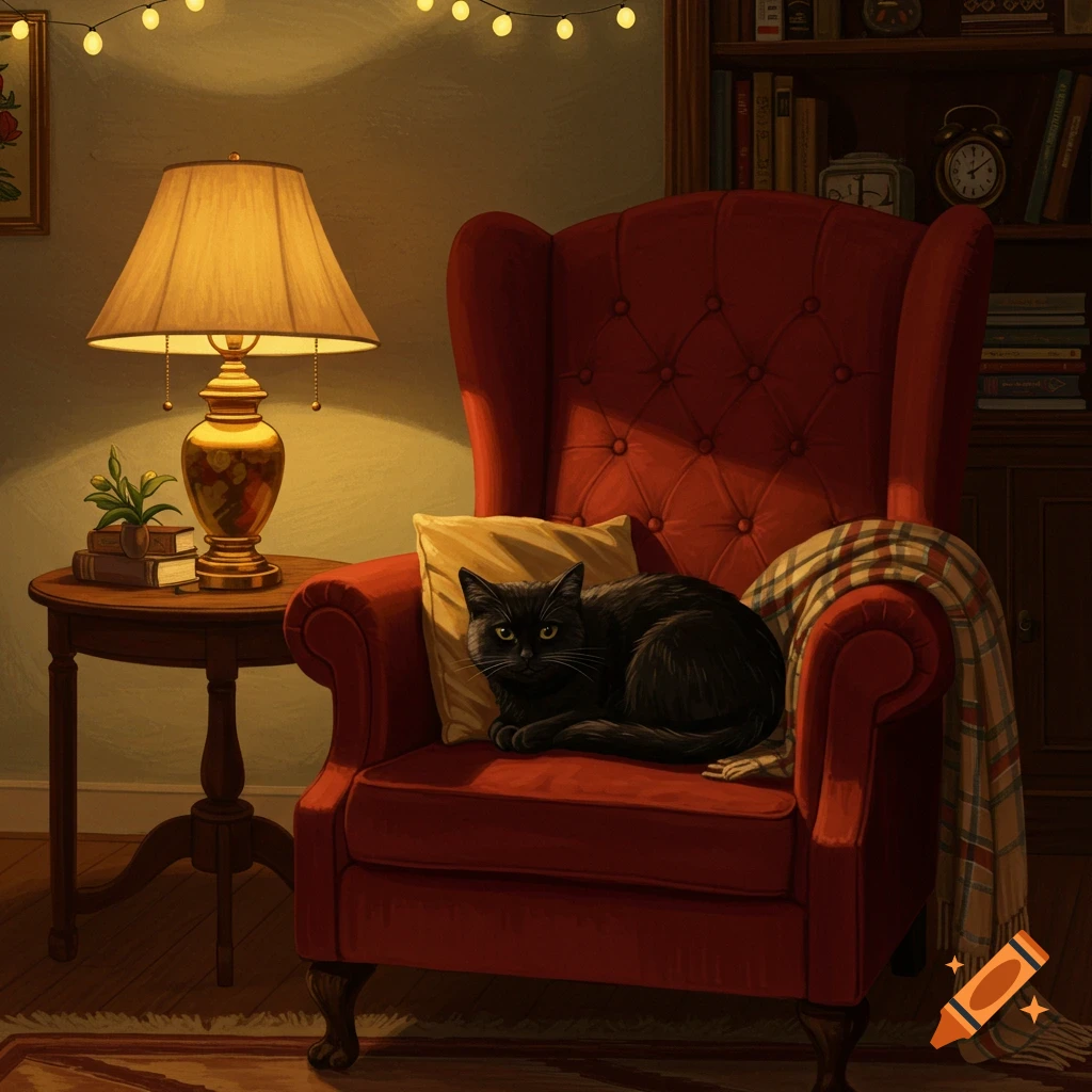 A black cat lies on a red armchair in a cozy, warmly lit room with a lamp and bookshelf, in a painterly style.