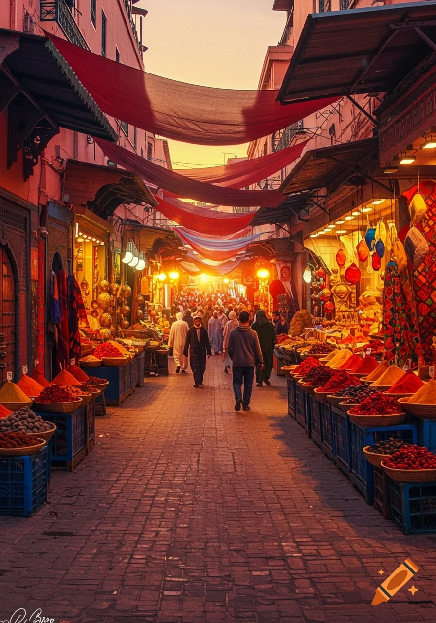 A vibrant market scene at sunset, with numerous people walking down a narrow street lined with stalls of colorful spices and hanging fabrics.