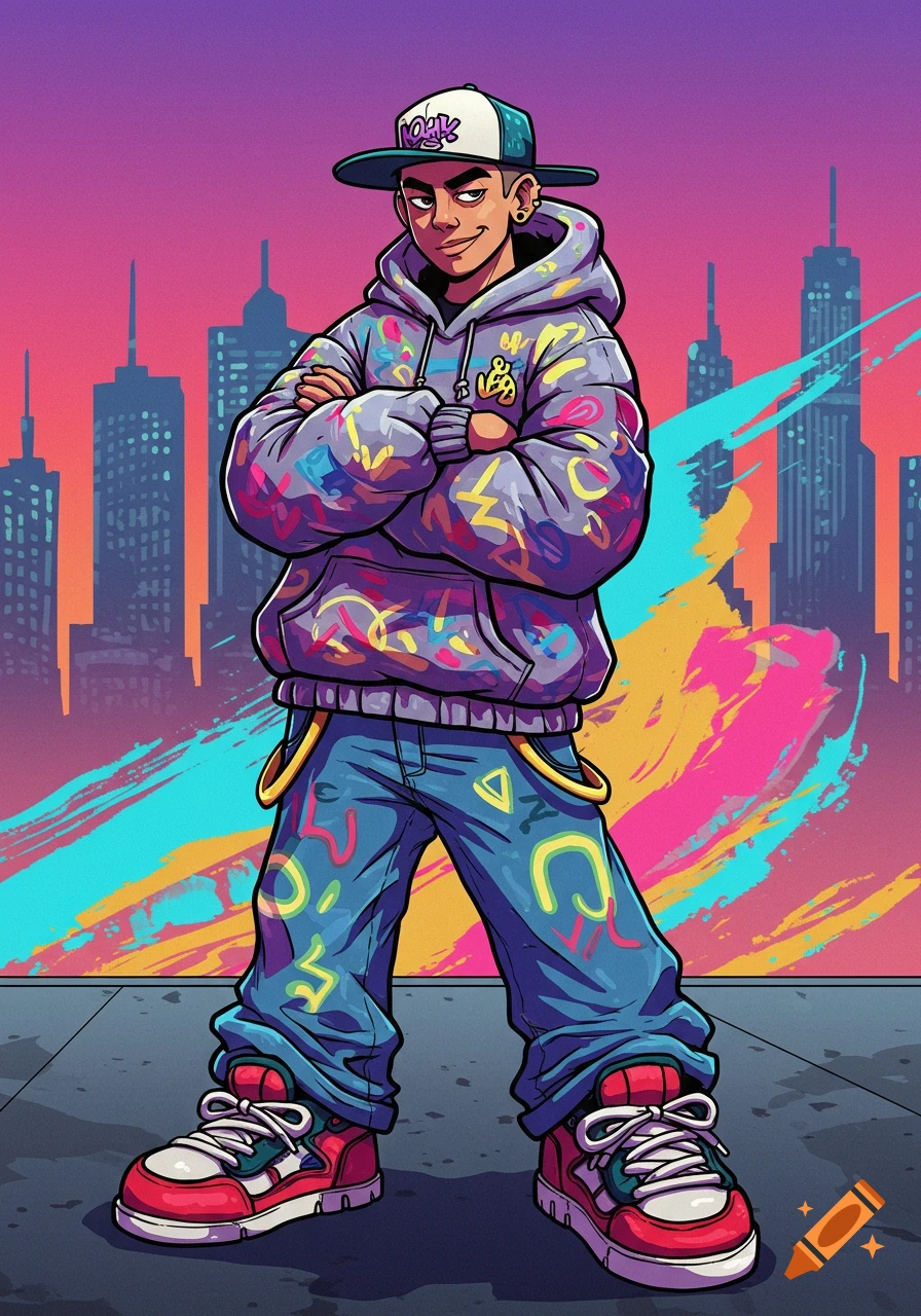 A stylized cartoon character in a vibrant graffiti-patterned hoodie and jeans, wearing a baseball cap, standing against an urban skyline at sunset.