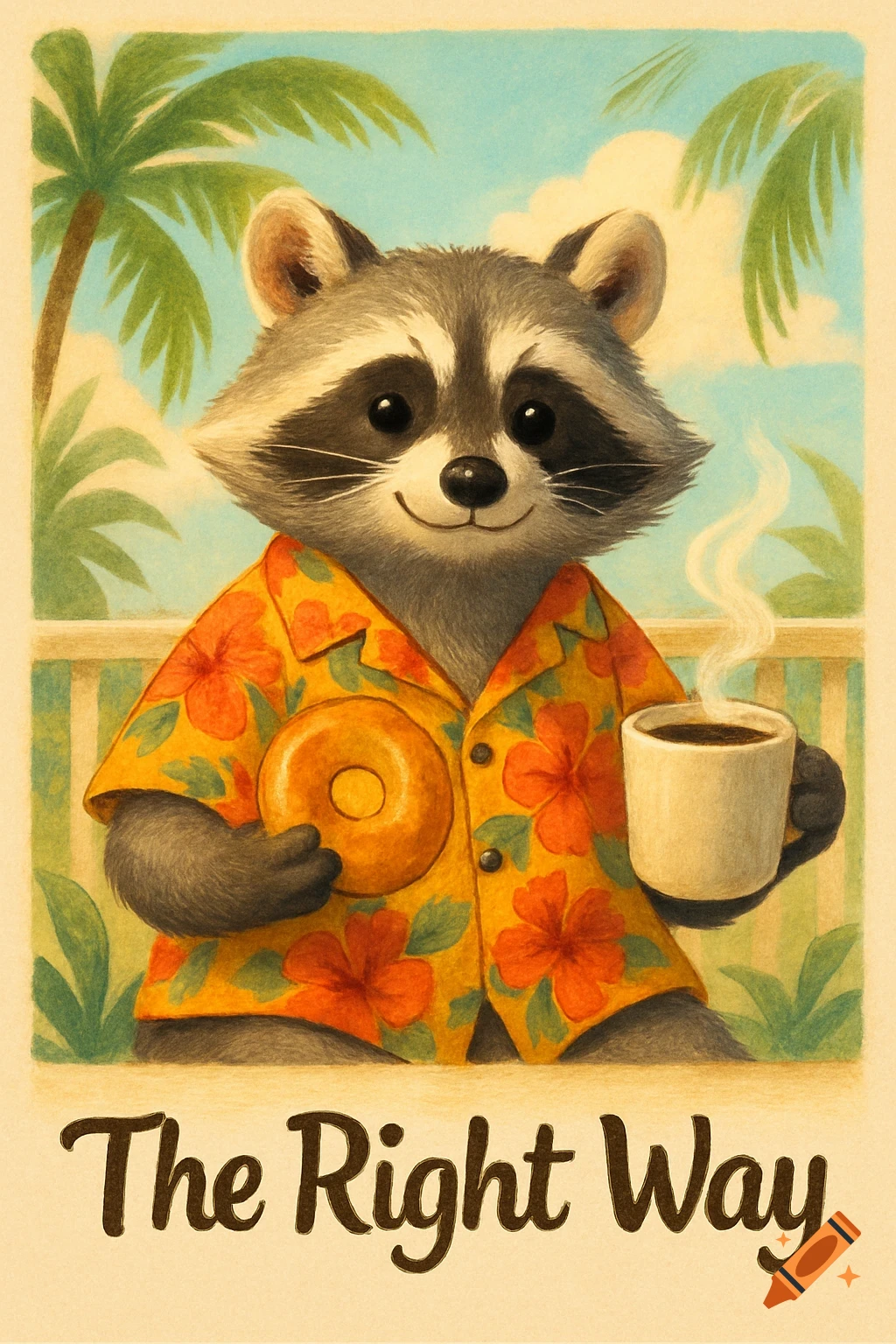 Cute raccoon in a Hawaiian shirt holds a bagel and steaming coffee, with palm trees in the background. Text "The Right Way". Illustrated.