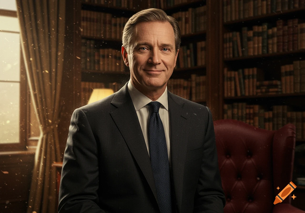 A smiling middle-aged man in a suit and tie sits in a photorealistic library setting.