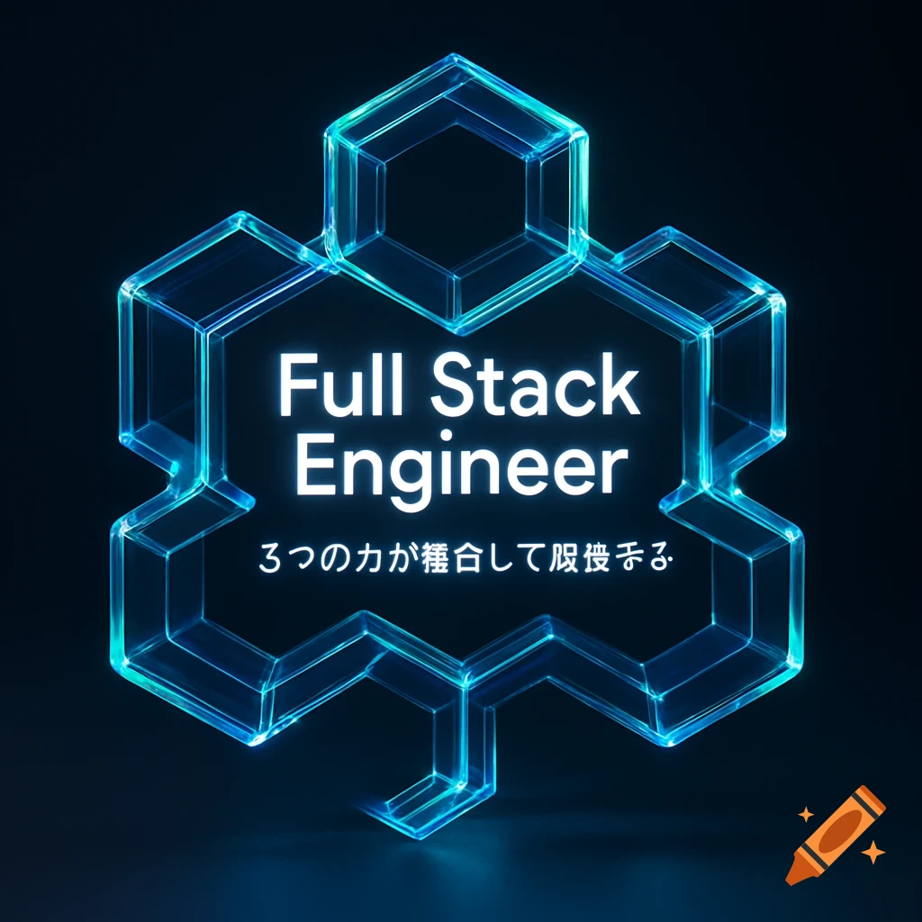 A glowing blue geometric honeycomb shape with 'Full Stack Engineer' in white text, and Japanese text below on a dark background.