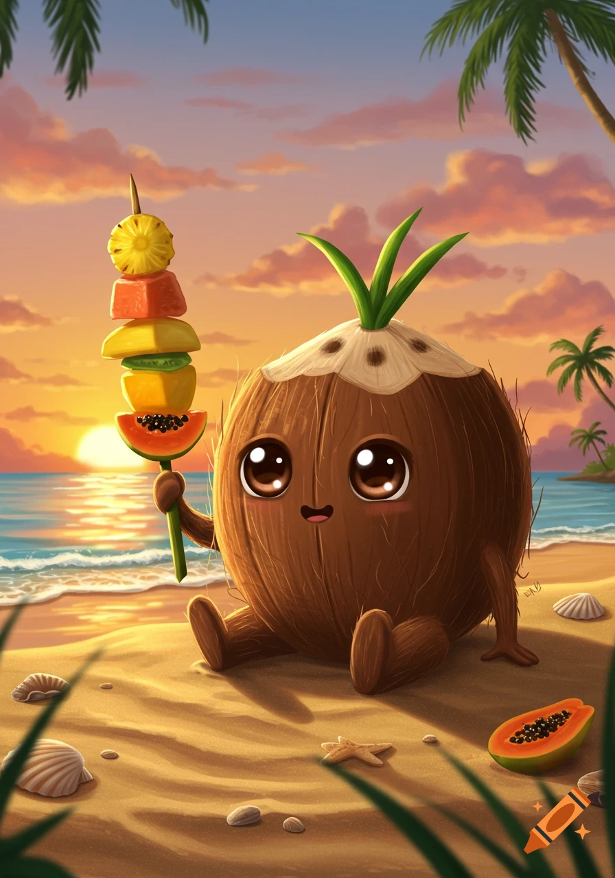 A cute cartoon coconut character sits on a sunny beach at sunset, holding a skewer of colorful tropical fruits.