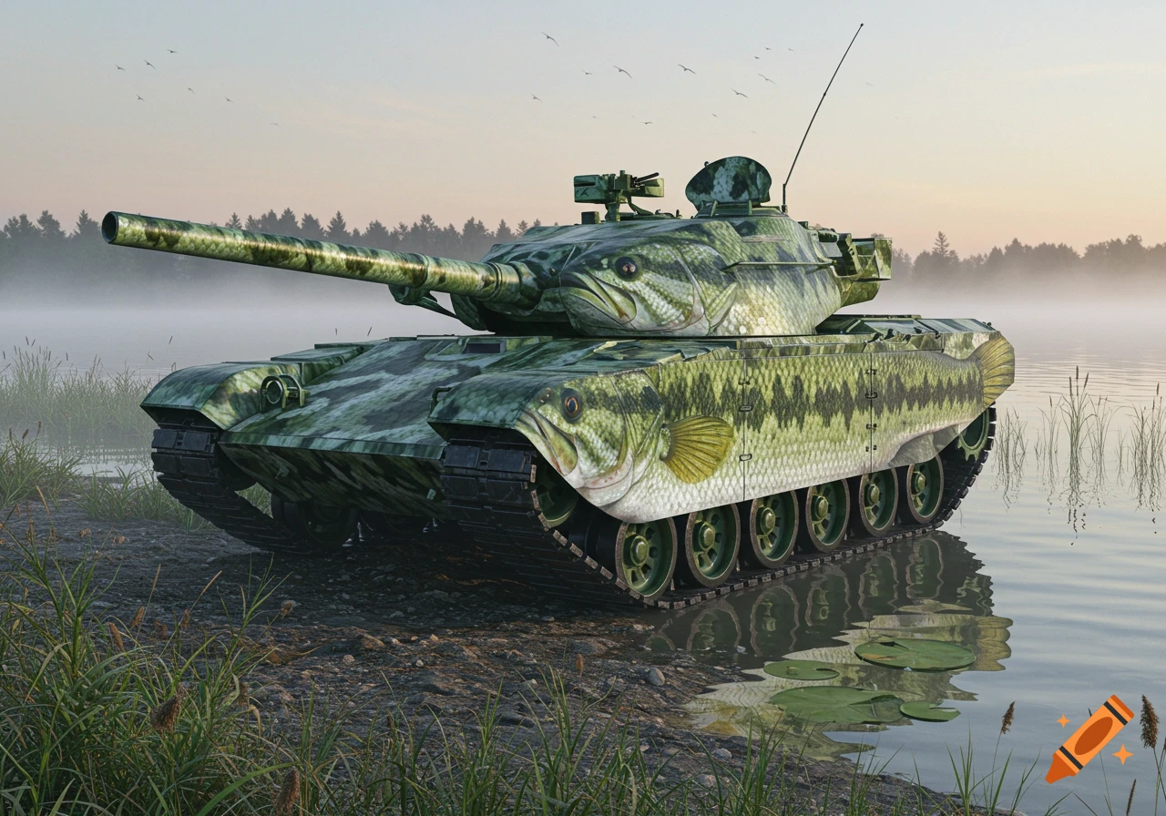 A photorealistic tank with a largemouth bass camouflage pattern sits at the edge of a misty lake with grass.