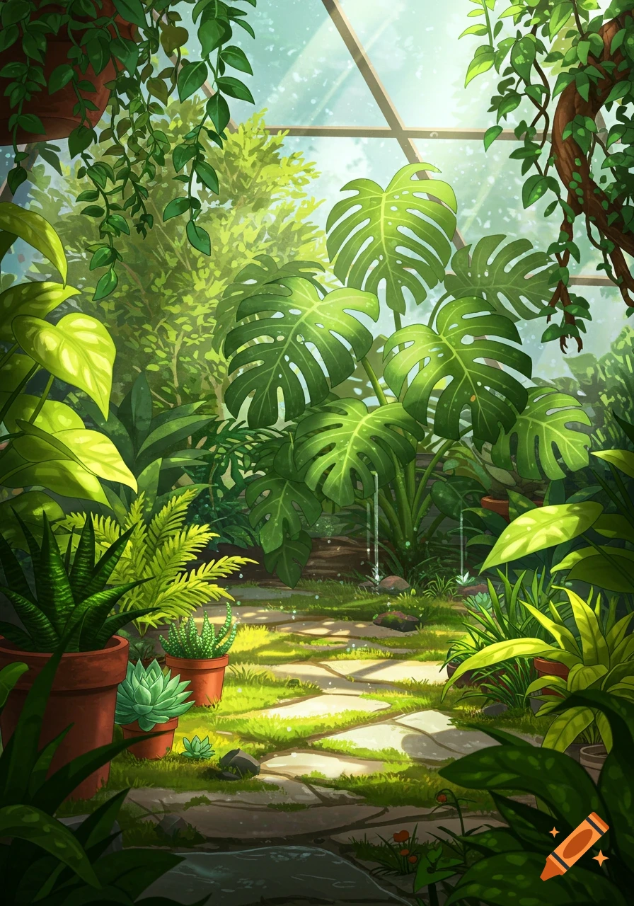 Lush, vibrant illustration of a greenhouse interior filled with diverse green plants and a sunlit stone path.