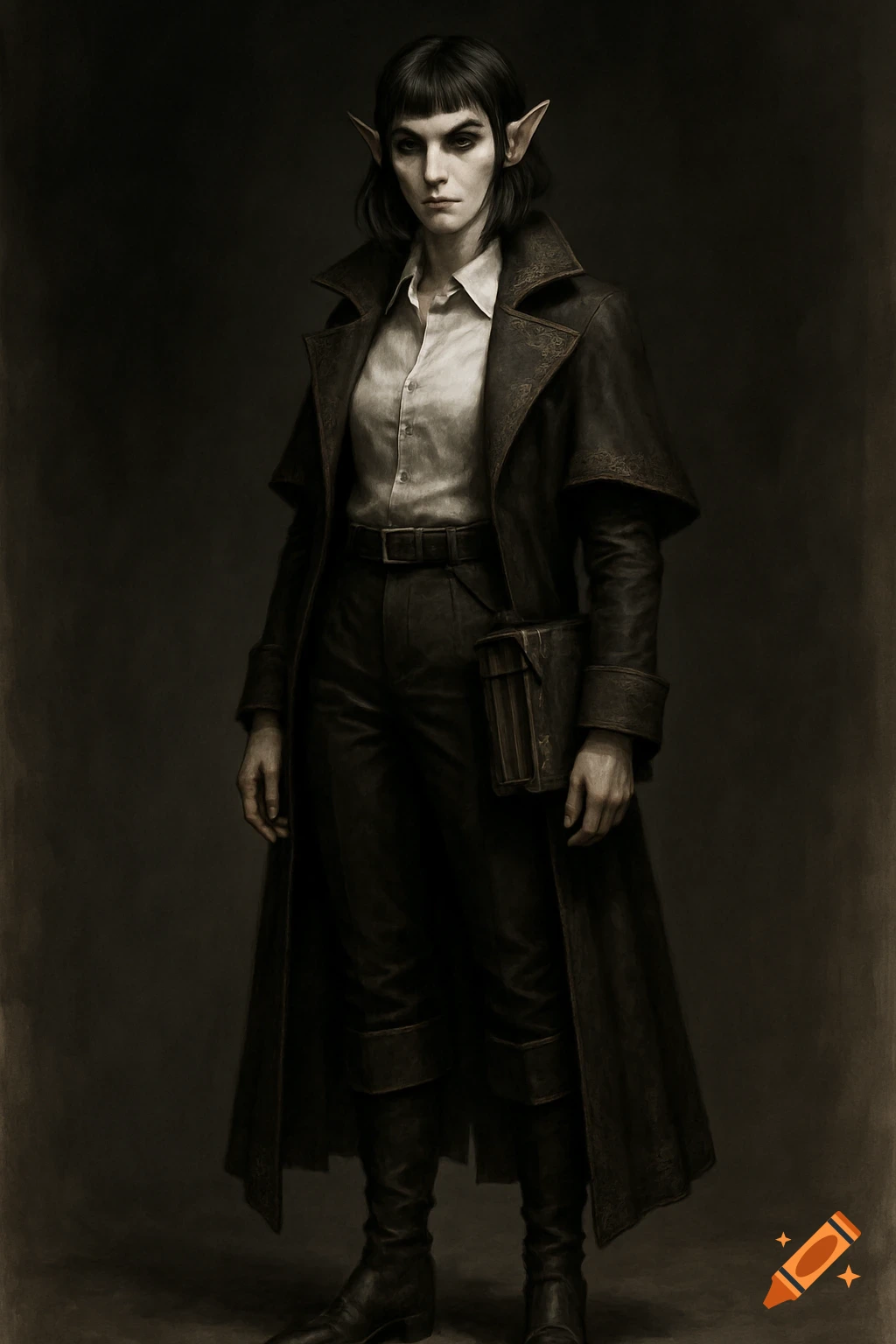 Pale elven woman with dark hair and pointed ears, wearing a long dark coat and carrying a grimoire, in a moody concept art style.