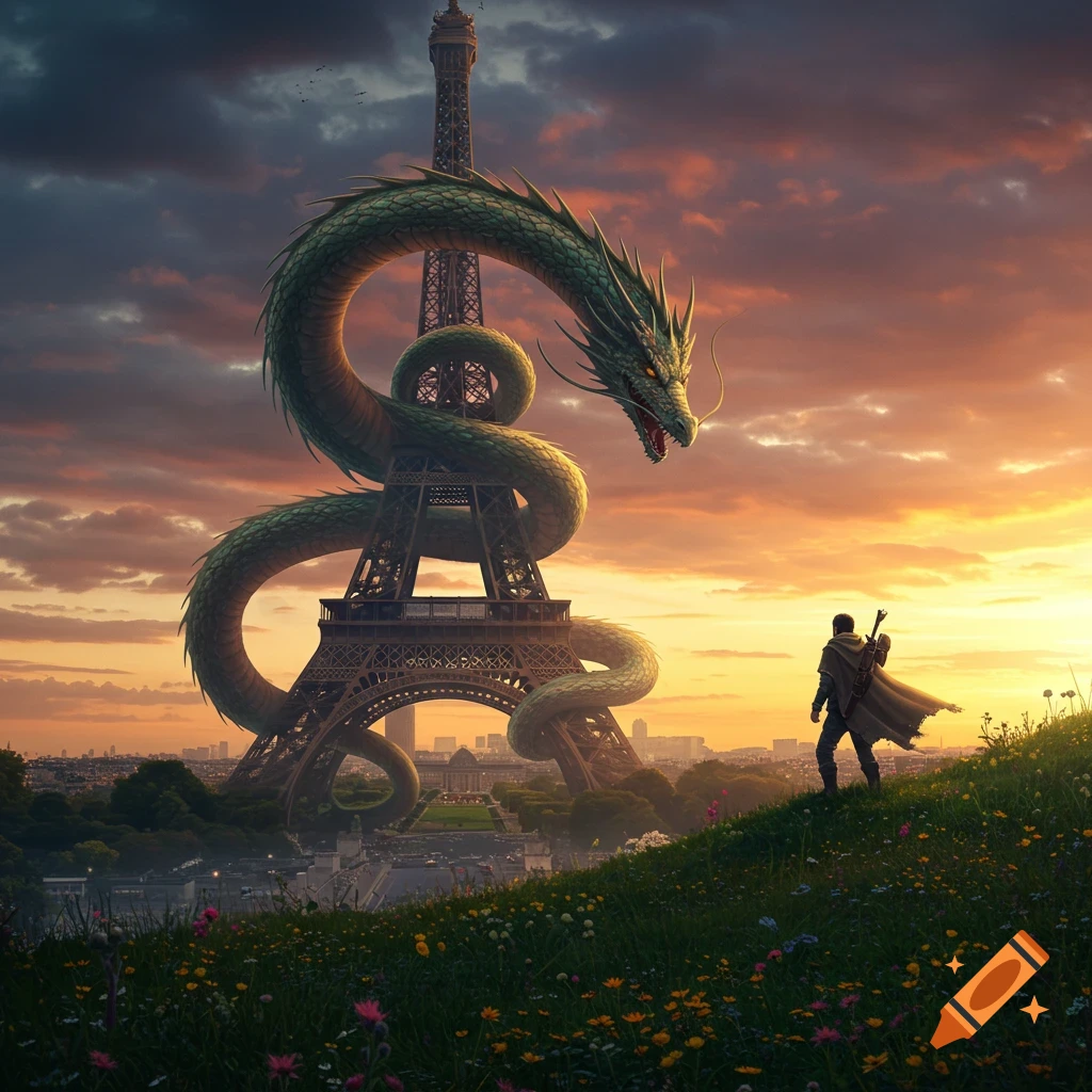 Adventurer on a hill views a green dragon wrapped around the Eiffel Tower at sunset, with a city in the background.
