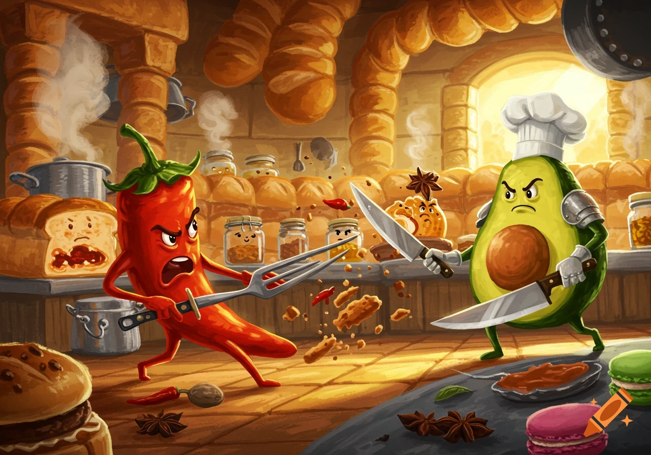 A cartoon chili pepper and armored avocado chef battle with kitchen utensils in a lively kitchen setting, bread and spices in background.