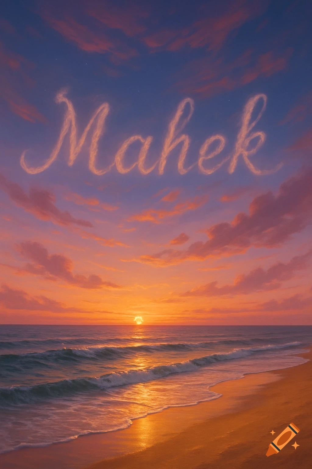 A beautiful sunset beach with orange and pink sky, calm waves, and the name 'Mahek' written in wispy clouds.