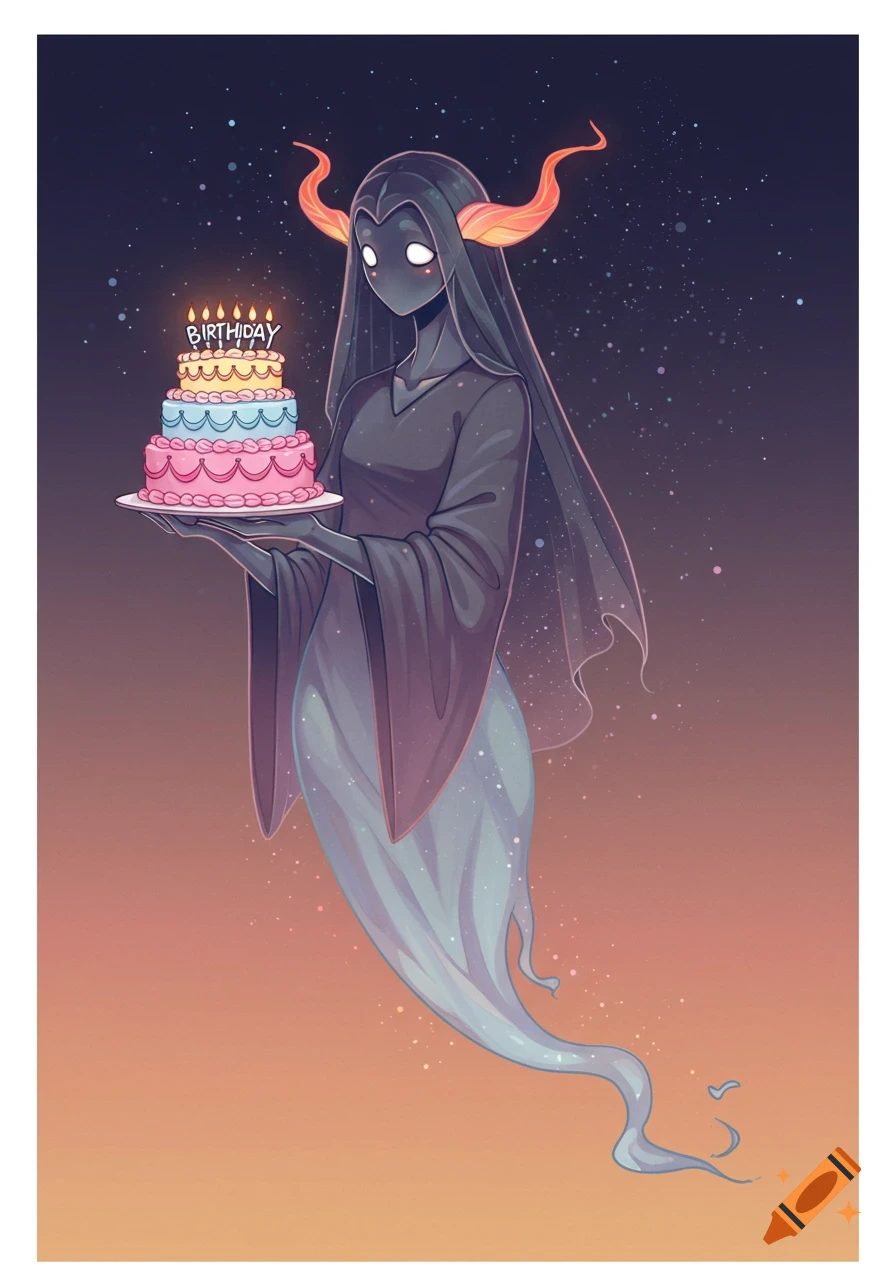 A dark, horned, ghost-like creature with glowing eyes holds a pink and blue birthday cake with lighted candles, against a starry sky.