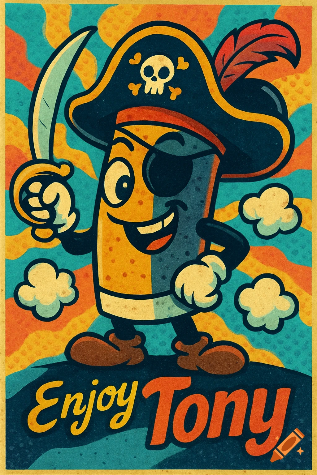 Retro cartoon poster of a pirate cigarette mascot with an eyepatch and sword, smiling, with 'Enjoy Tony' text.