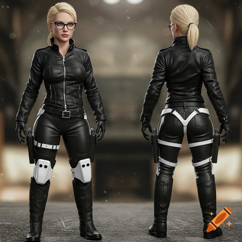 Photorealistic rendering of a blonde woman in glasses, black leather suit, knee pads, and gun holsters, front and back views.