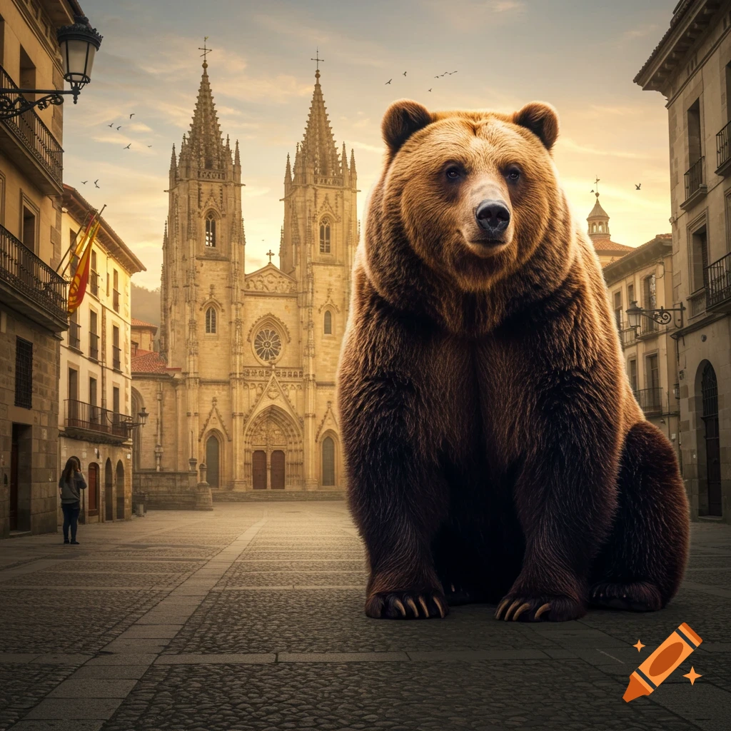 A giant brown bear sits in the middle of a cobblestone city square, with a grand cathedral in the background at sunset. Buildings line the street.