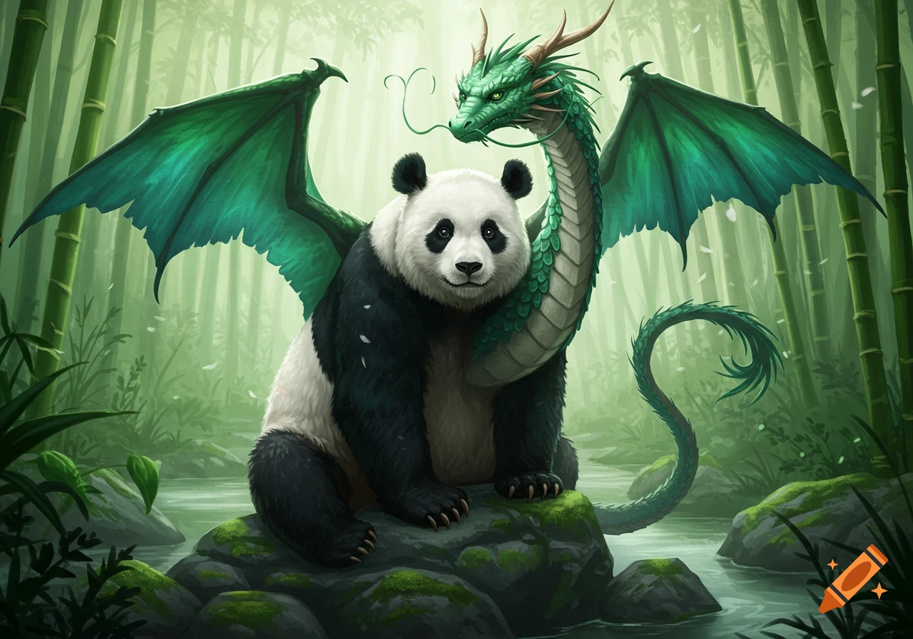 A majestic green dragon with large wings wraps its body around a cute panda, both sitting on mossy rocks in a vibrant bamboo forest.