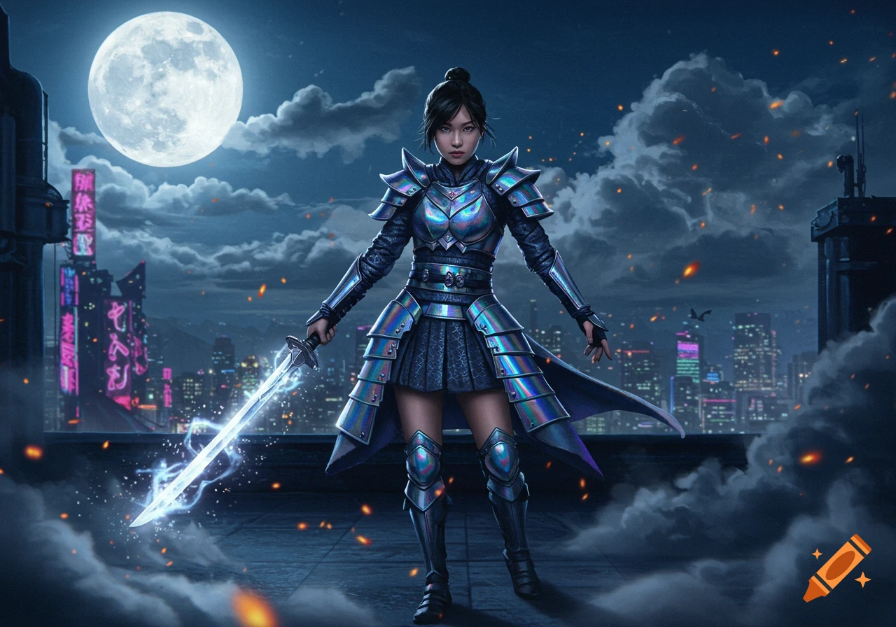 A realistic Asian female warrior in iridescent armor holds a glowing sword on a cyberpunk rooftop under a full moon at night.