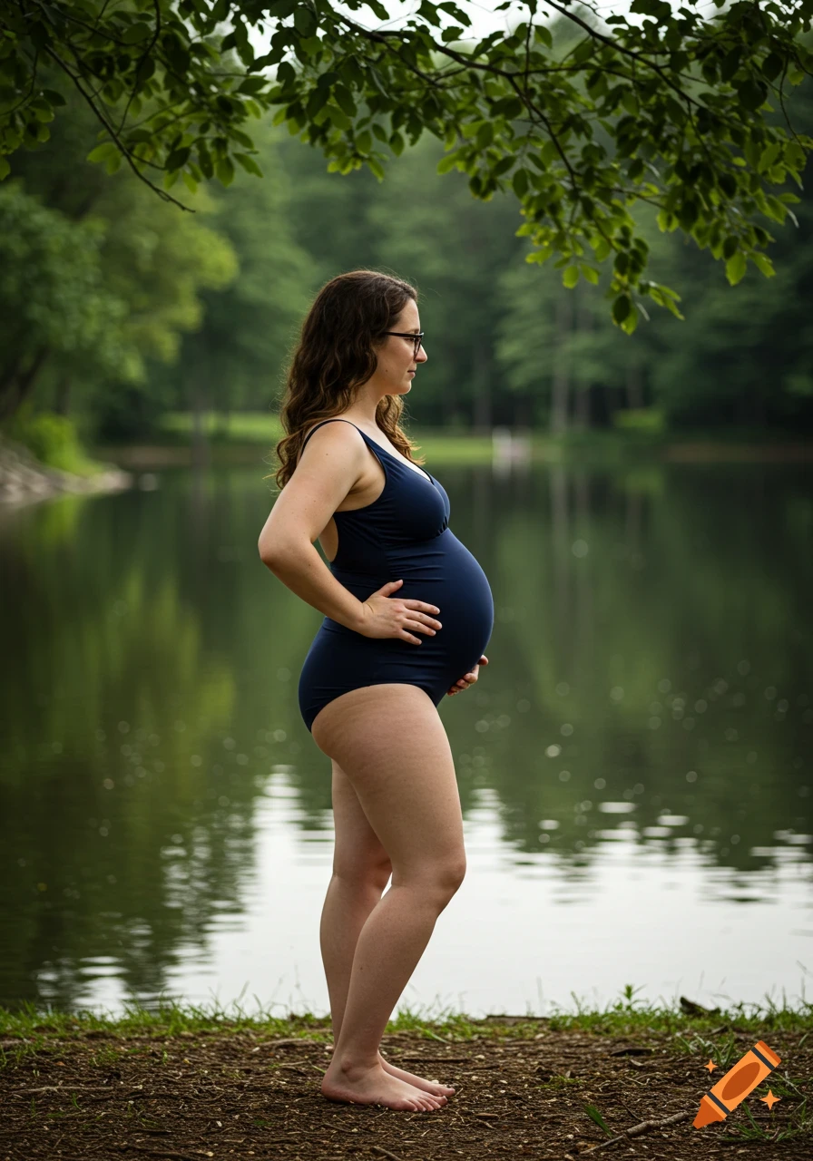 A pregnant woman in a navy swimsuit stands by a lake, looking right, with one hand on her hip and the other cradling her belly.