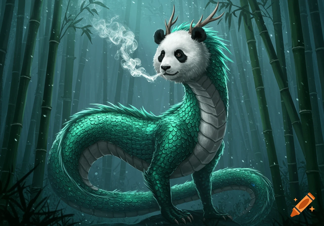 A fantasy creature with a panda head, antlers, and a green scaled dragon body, exhaling smoke in a bamboo forest.