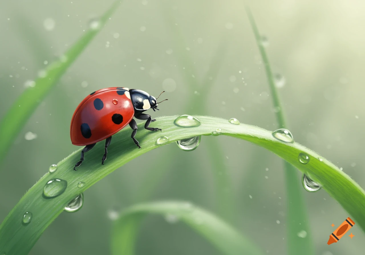 A red and black ladybug walks on a vibrant green blade of grass covered in glistening water droplets.