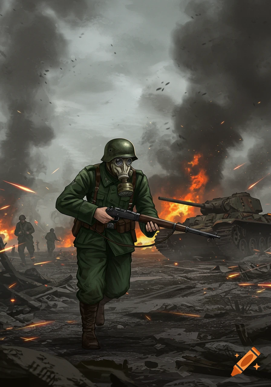 Anime-style WW2 soldier in a gas mask and green uniform running through a smoky, burning battlefield with a tank wreck.