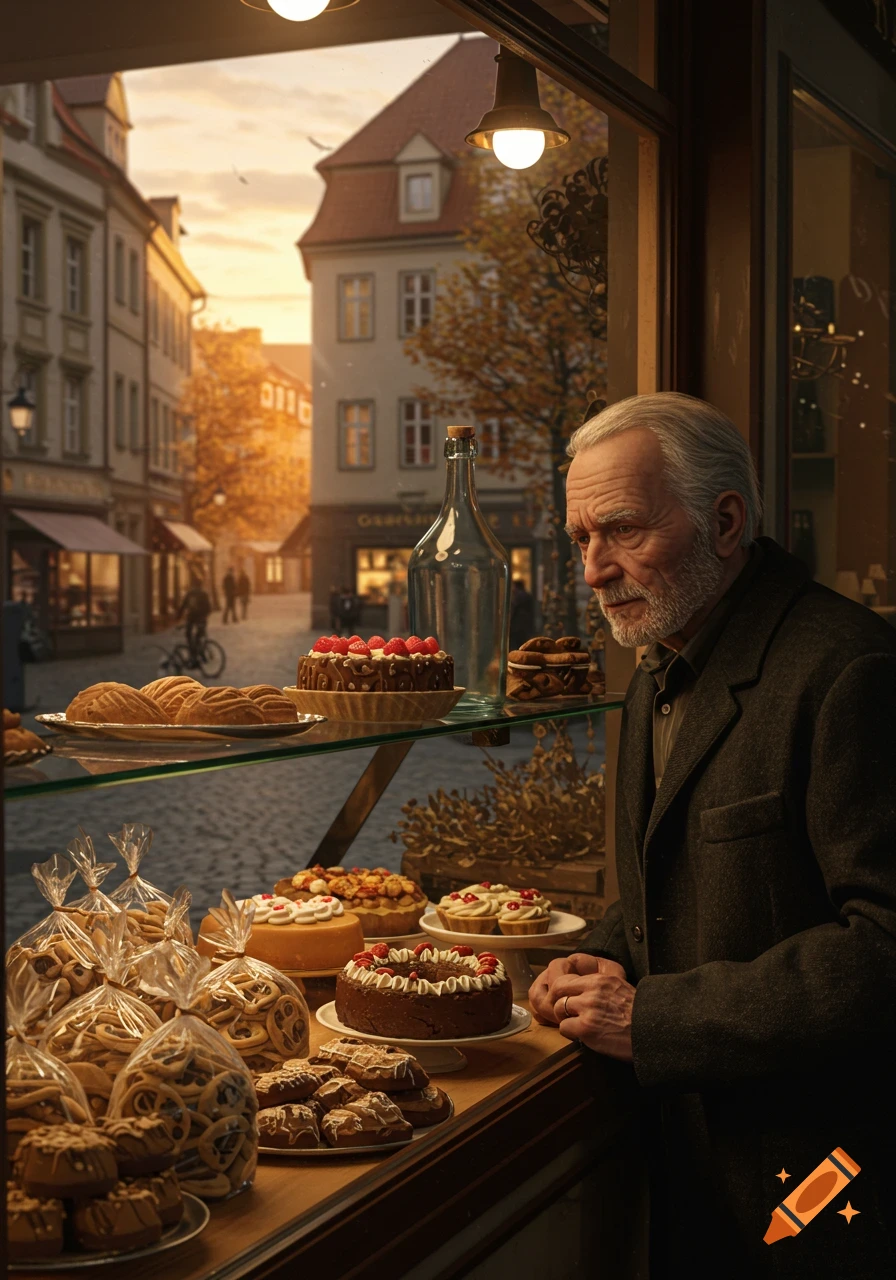 An elderly man with a white beard looks into a bakery window filled with various pastries, cakes, and cookies. A cobblestone street and buildings are visible outside.