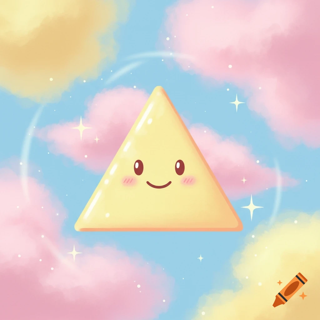 A cute, smiling yellow equilateral triangle floats in a pastel pink and blue sky with fluffy clouds and sparkles, in a cartoon style.