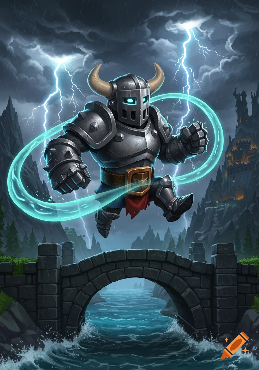 A horned knight in armor with glowing eyes floats above a stone bridge over a river during a thunderstorm with lightning and a castle.