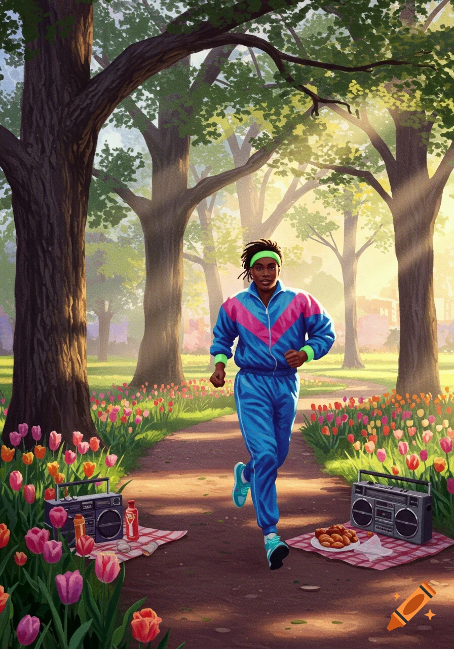 An illustrative image of a person jogging in an 80s tracksuit on a park path lined with colorful tulips and picnic setups.