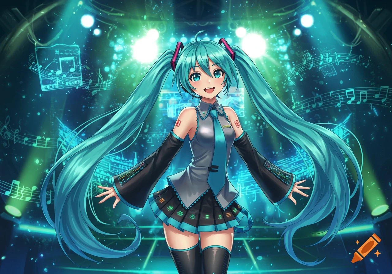 Hatsune Miku, an anime character with long turquoise pigtails, smiles on a stage with bright blue lights and musical notes.