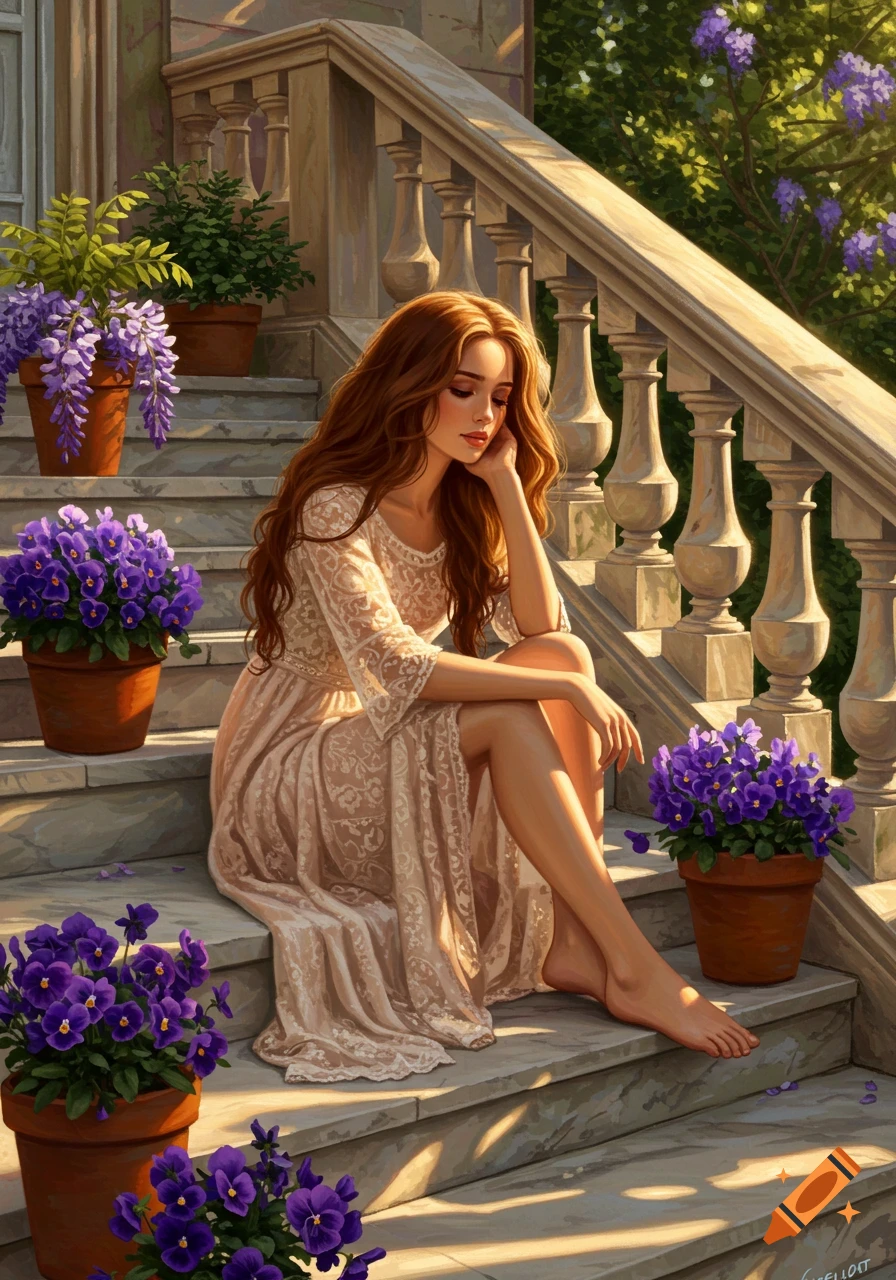A woman with long red hair sits on stone stairs adorned with potted purple flowers, in a painterly style.