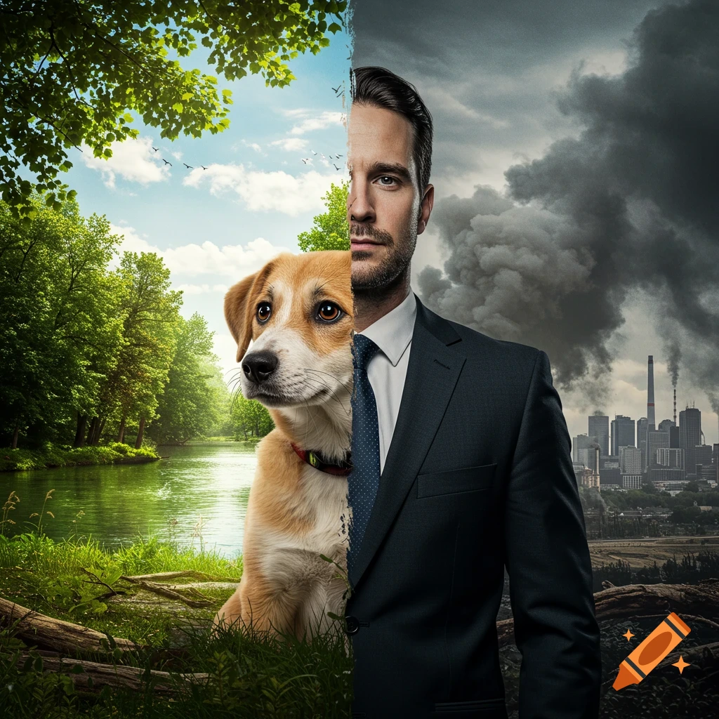 Split image showing a dog in lush nature on the left and a businessman in a smoggy city on the right, symbolizing environmental contrast.