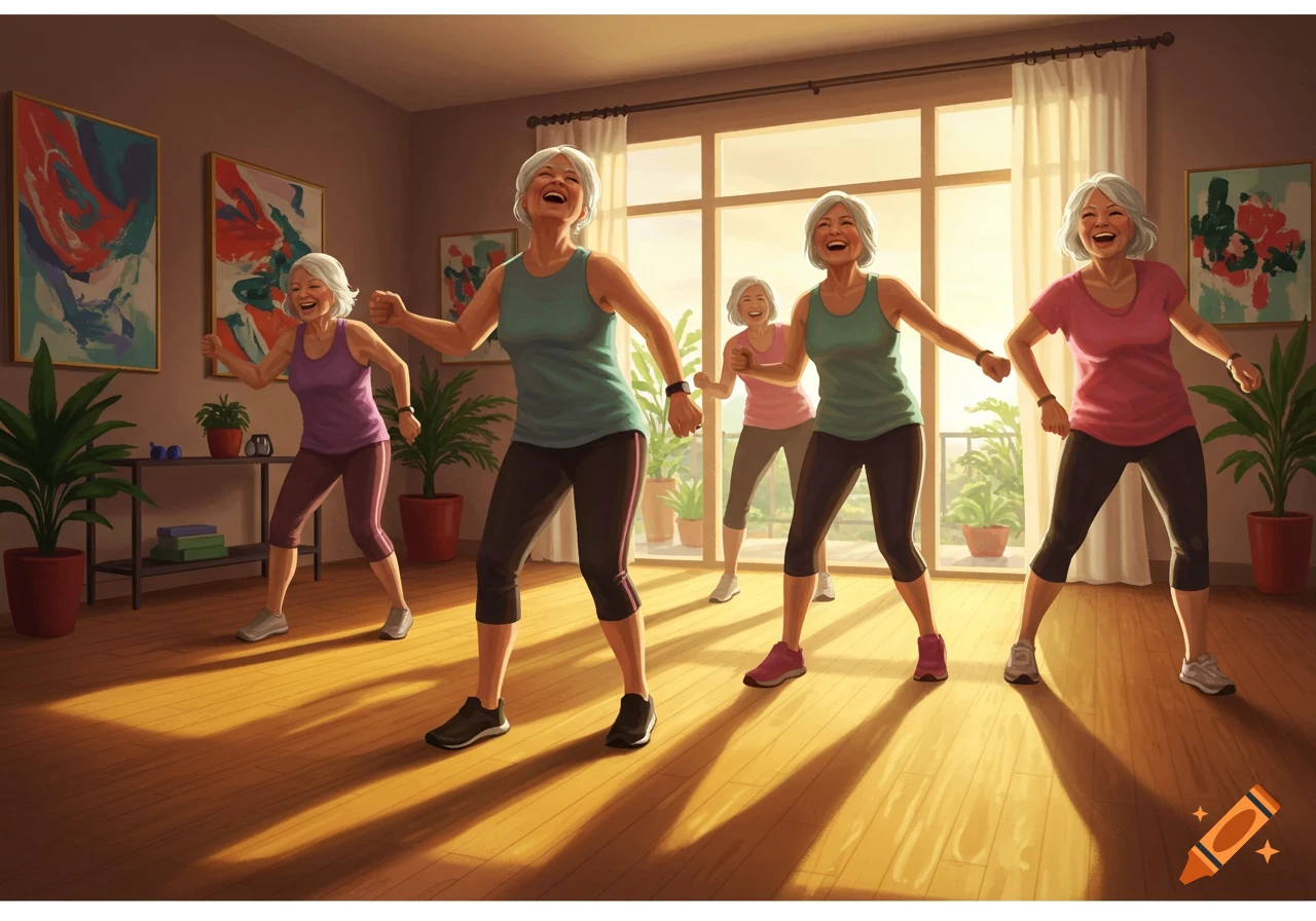 Five senior women with grey hair happily participate in a group fitness class indoors, with large windows providing natural light.